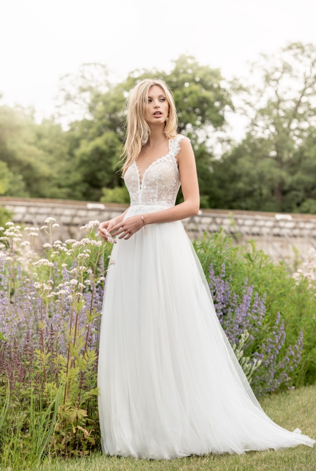 Kelsey Rose wedding dress with chiffon skirt and flower detailed bodice