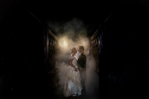 Couple embracing in the fog