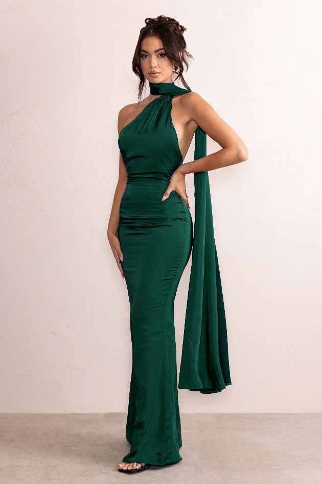 model in green satin bridesmaid's gown
