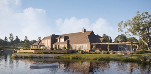 Pyrford Lakes club house with lake and boat 