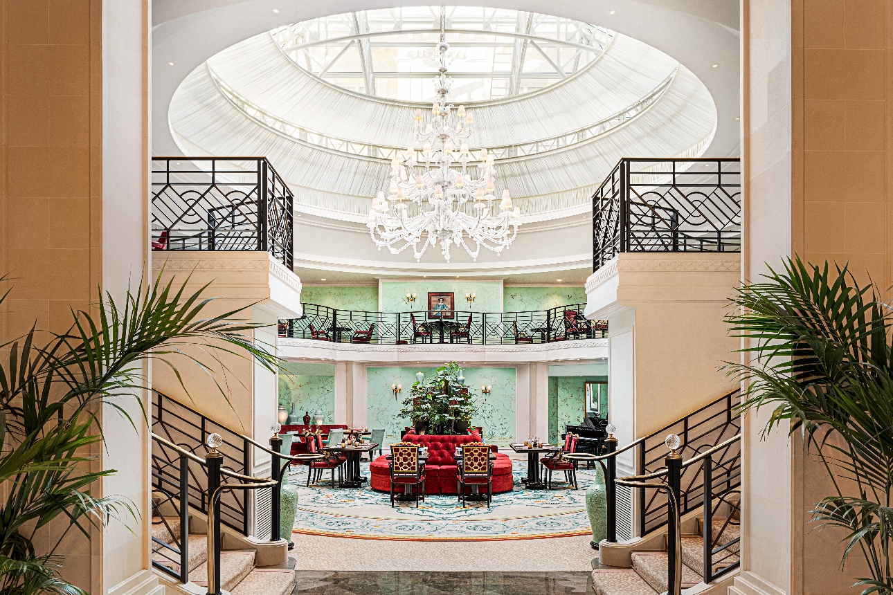 hotel reception, mezzanine floor, glass dome ceiling, chandelier  