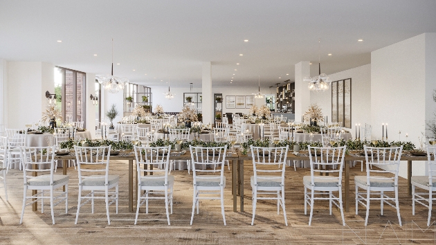 large suite, bright, airy, white, white chairs at tables