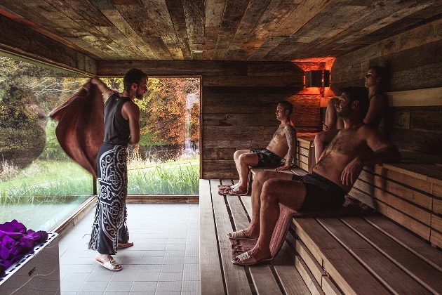 sauna room wooden, panoramic windows