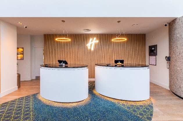 two oval desks in lobby