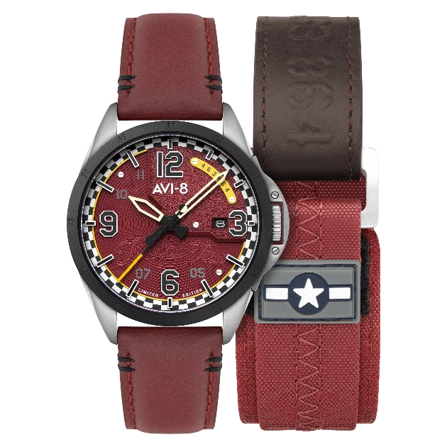 A red watch with white and yellow hands and a red strap