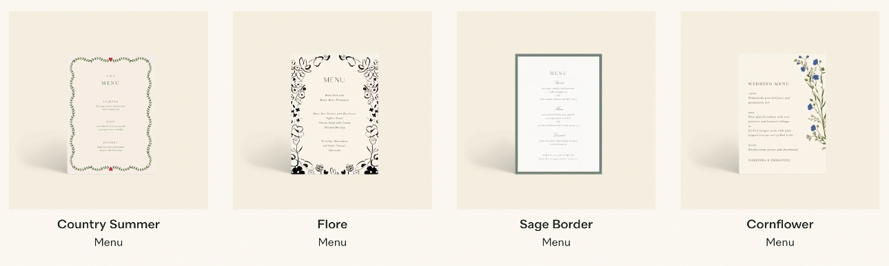 four different wedding menu designs