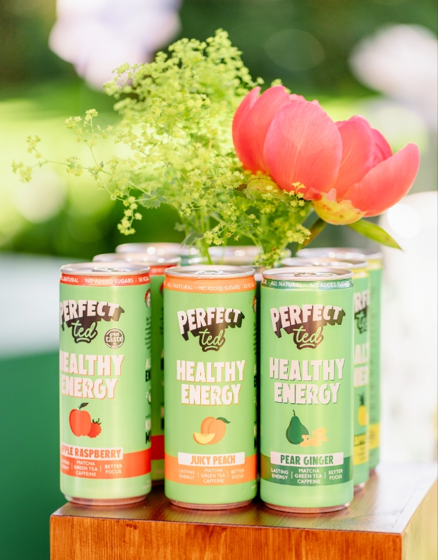 matcha brand PerfectTed cans on a wooden box